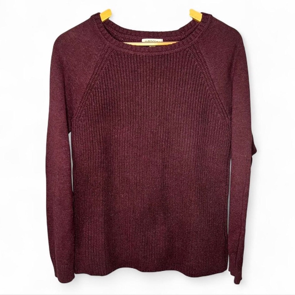 Orvis Women Maroon Knit Crewneck Sweater 100% Cotton with Elbow Patches Small